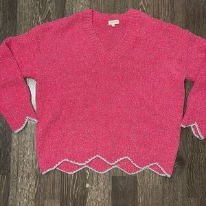 Umgee Sparkly Scalloped Edge V Neck Sweater Womens XL Hot Pink Gray Barbie Pink